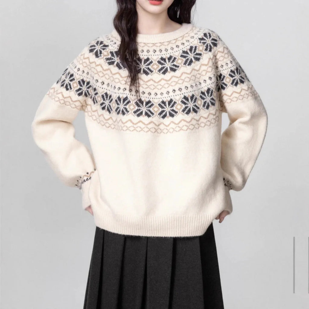 Women's vintage Fair Isle crew neck pullover sweater with geometric pattern in milky white, showing loose fit and regular sleeves