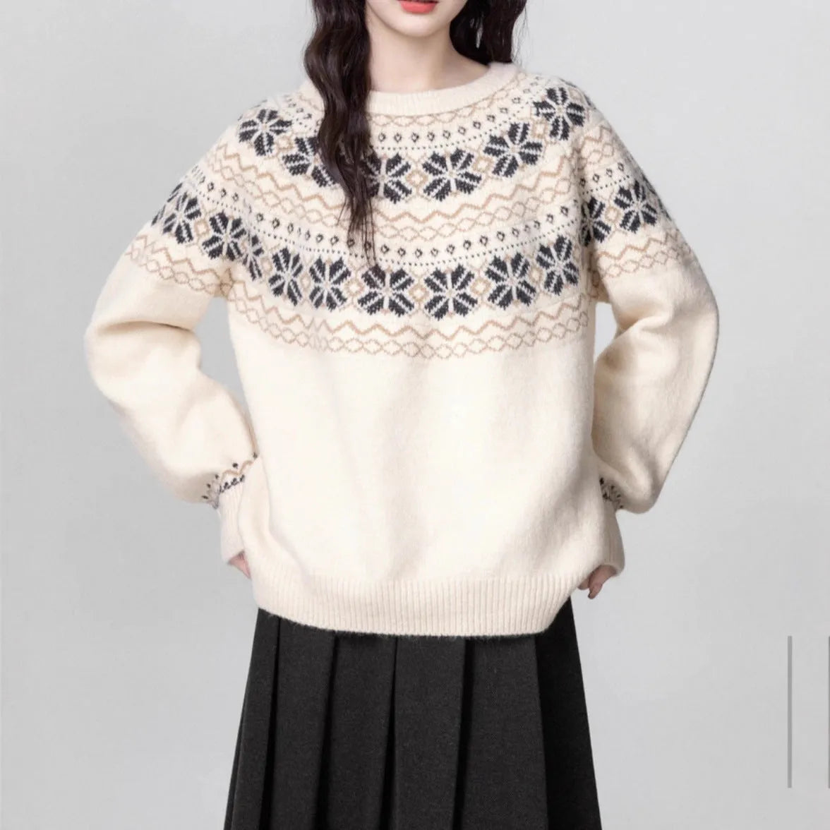 Women's vintage Fair Isle crew neck pullover sweater with geometric pattern in milky white, showing loose fit and regular sleeves