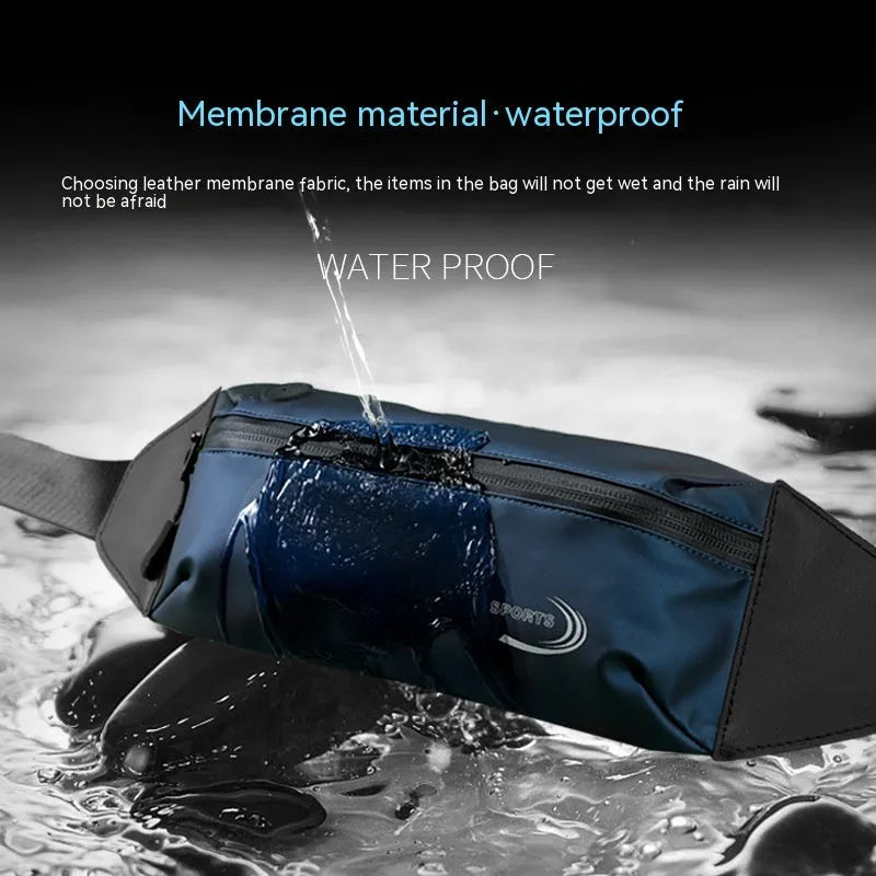 Men's blue waterproof sports waist bag showing 45cm length and adjustable strap