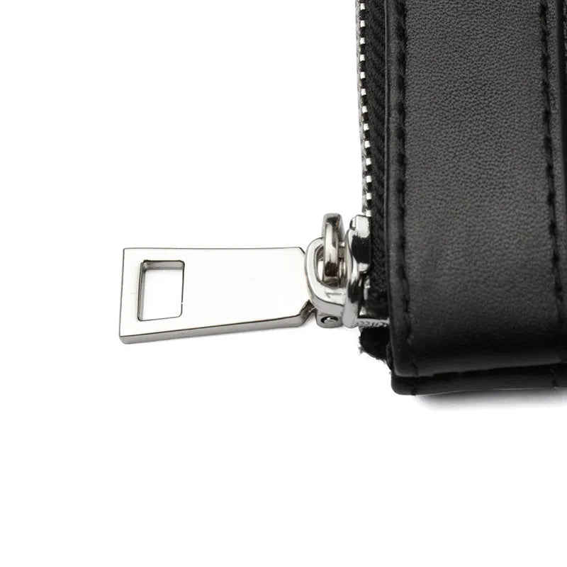 Black men's leather plaid clutch wallet showing 20cm by 10cm dimensions and cowhide texture