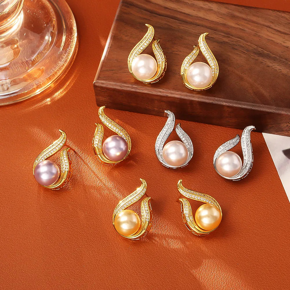 Glass pearl stud earrings with real gold plated copper, geometric round shape, shown in purple, champagne gold, gold, and silver.