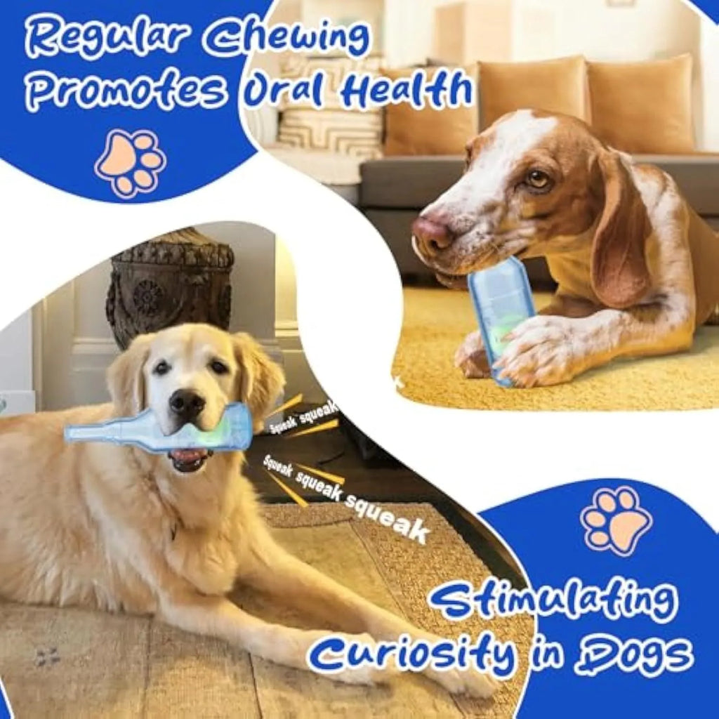 Blue squeaky dog toy shaped like a water bottle with a natural rubber cruncher texture.