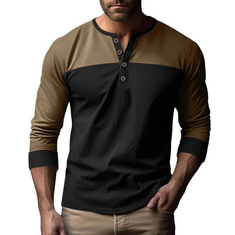 Men's brown army green long sleeve henley collar casual shirt with retro colour matching panels.
