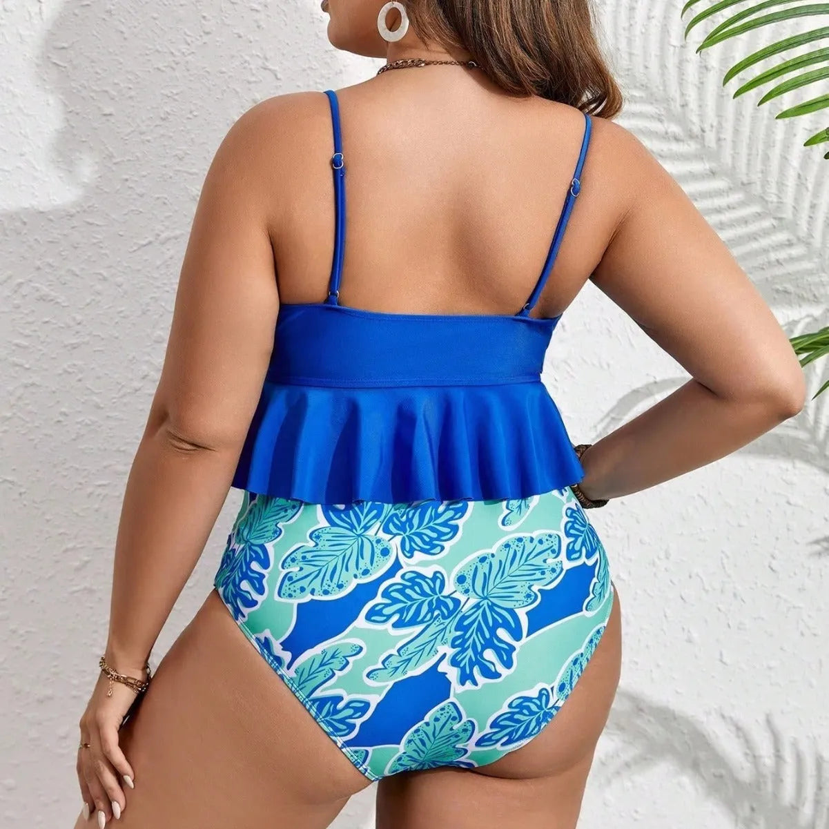 Blue bikini suit split with briefs style, sizes 0XL to 4XL, made from polyester fibre for swimwear.