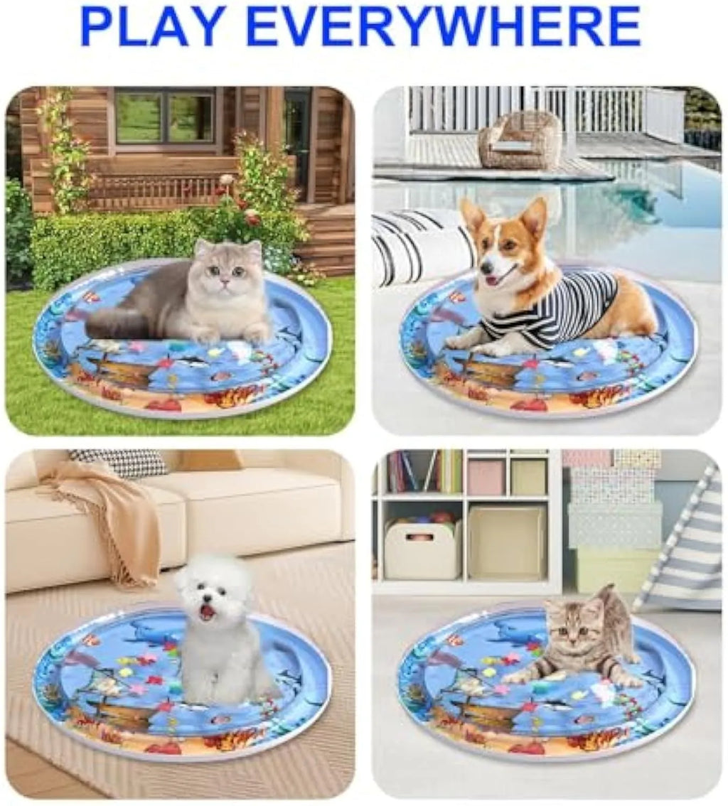 Blue cat water sensory playmat with ocean fish toys floating in water, 90cm diameter circular design