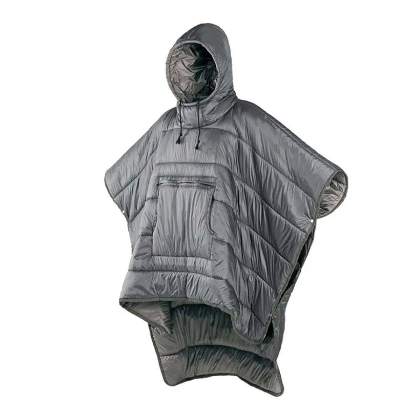 Outdoor cloak sleeping bag convertible between wearable cape and 200x140cm flat blanket configurations