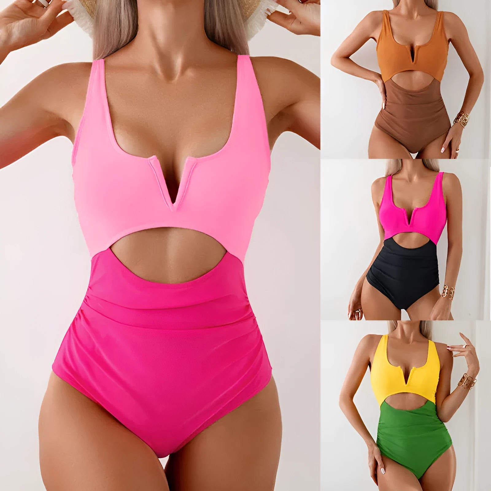 Women's contrast colour one-piece swimsuit in nylon fabric showing colour options