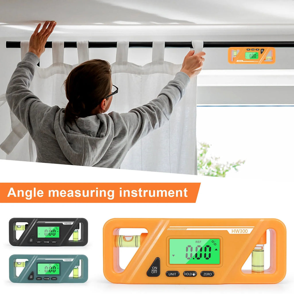 Digital inclinometer level meter with magnetic base showing angle display, measuring 115mm long