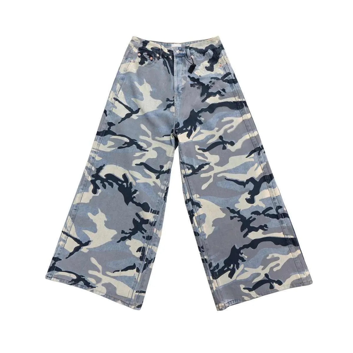 Snow camouflage blue jeans with loose fit and mid-waist design on a hanger