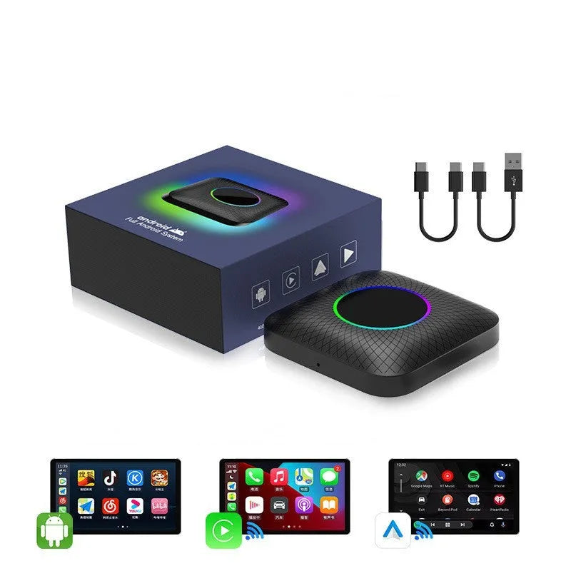 Square black wireless CarPlay conversion adapter box with data cables for car installation