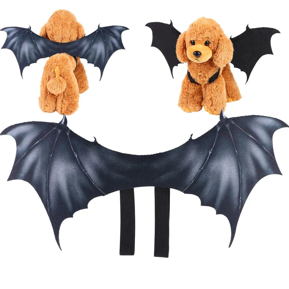 Black cloth bat wings for pets in three sizes: 64cm large, 55cm medium, 40cm small, attached to a dog’s harness