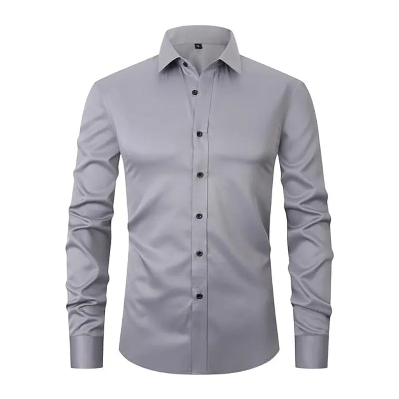 Men's stretch long sleeve work shirt in polyester fabric, showing size range and colour styles like 2-706