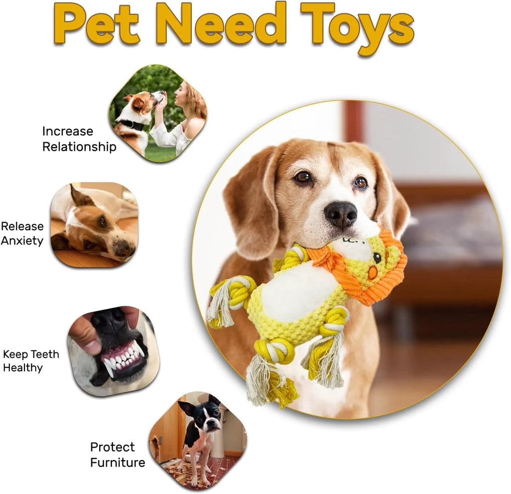 Two plush squeaky dog toys showing lion and monkey designs for medium to large breed dogs
