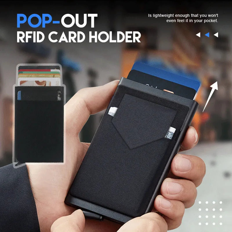 Aluminium alloy credit card holder with RFID blocking in frosted finish measuring 9.5cm by 6cm