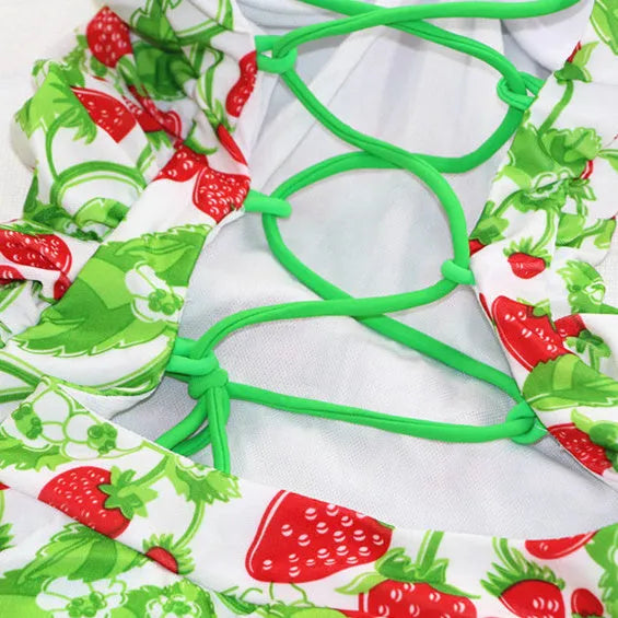 Women's strawberry print one-piece swimsuit with cross strap back and push up support