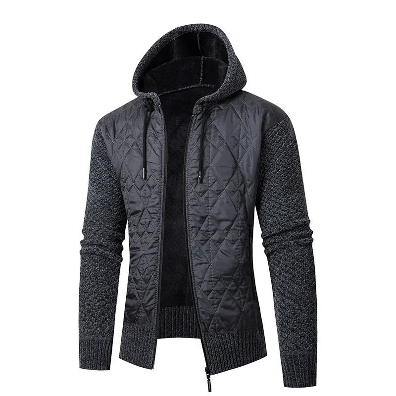 Men's grey hooded sweater coat with cinched style, wool and corduroy fabric, for winter leisure wear.