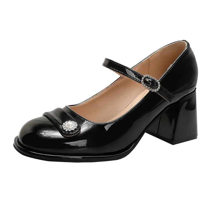 Women's black patent leather chunky heel shoes with round toe and buckle, shown in size 40 with 5CM heel