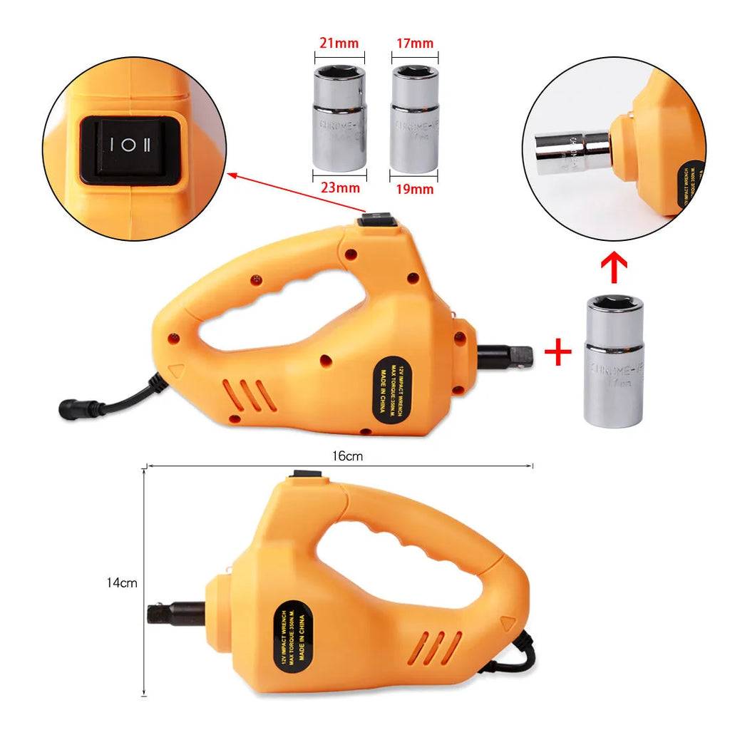 Yellow steel electric car jack and impact wrench set for 12V tyre changes