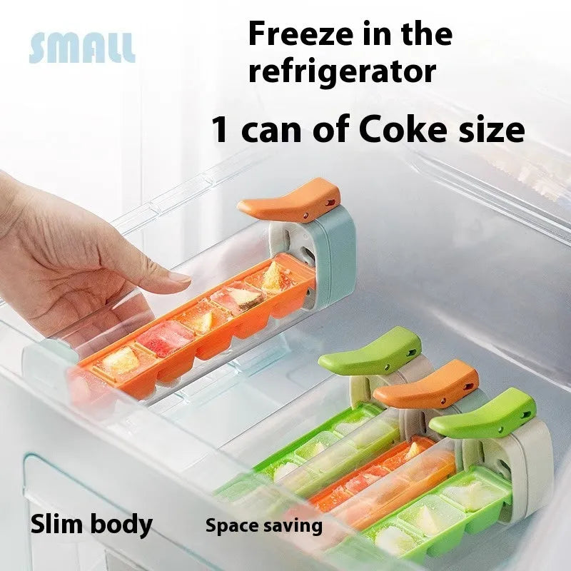 Ice cube tray mould with one-touch release mechanism and storage box in food-grade plastic