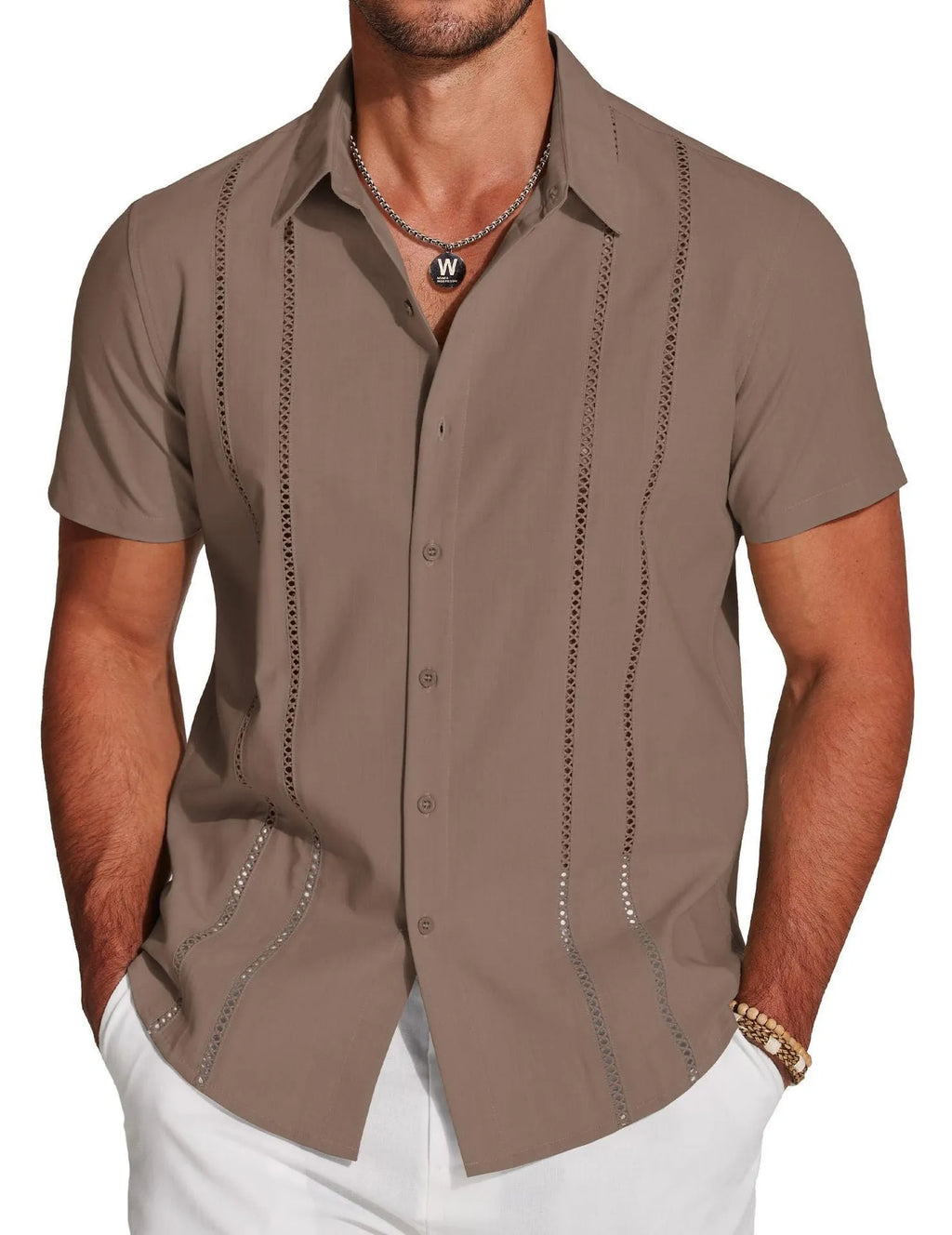 Men's slim fit short sleeve Hawaiian print cardigan shirt in elastic polyester fabric.