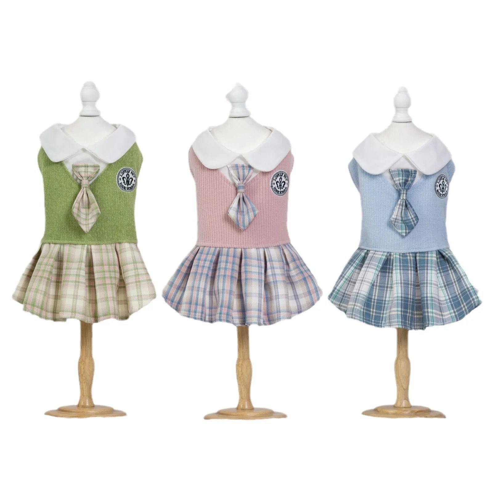 Pink tartan princess-style skirt for small dog on white background showing full skirt design