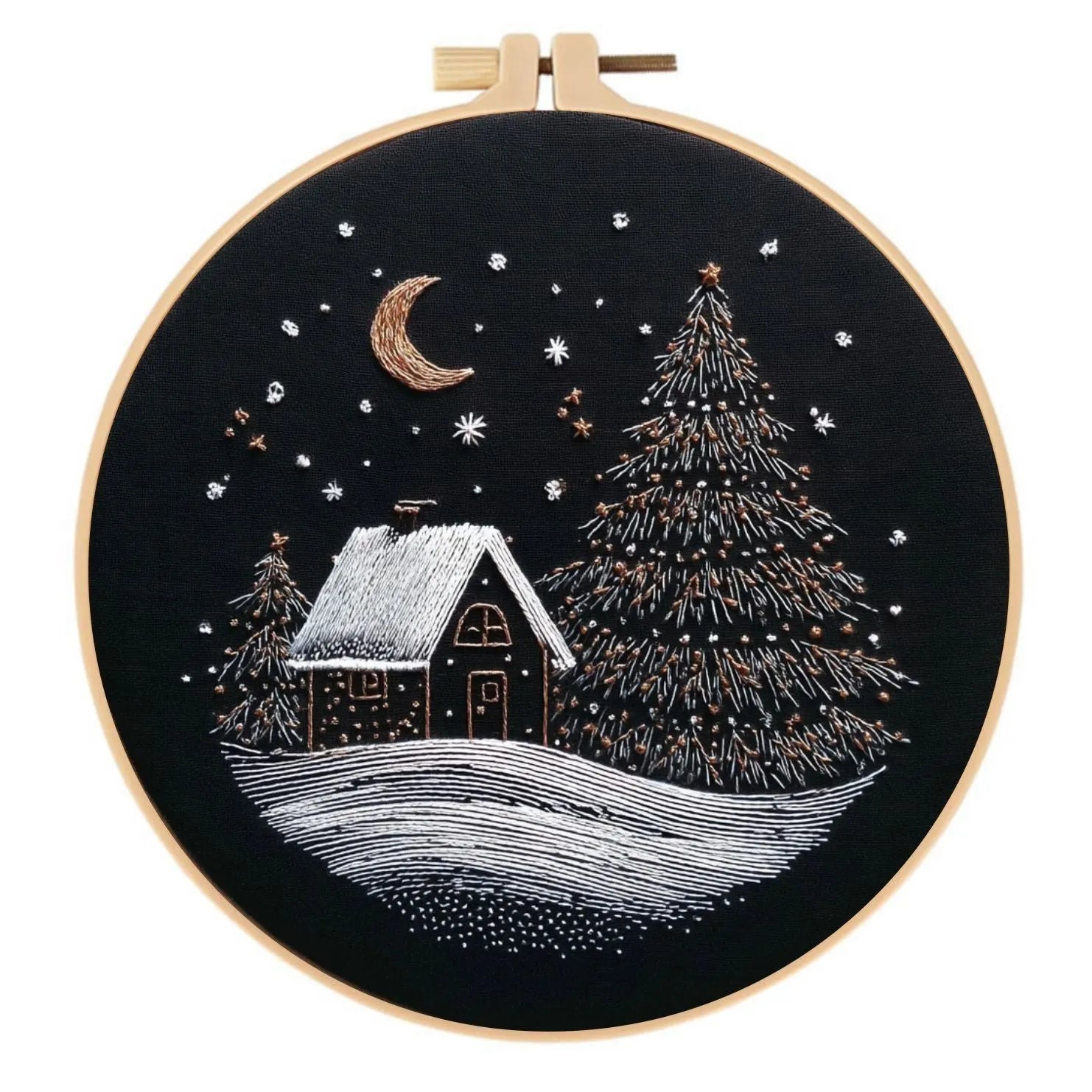 Christmas snow house embroidery kit showing 28cm square cotton linen fabric with printed landscape pattern.