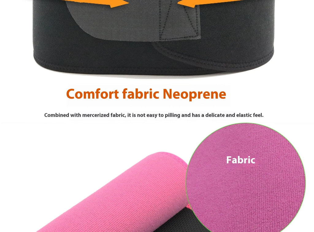 Neoprene lumbar support belt wrapped around waist showing adjustable hook-and-loop closure in black colour