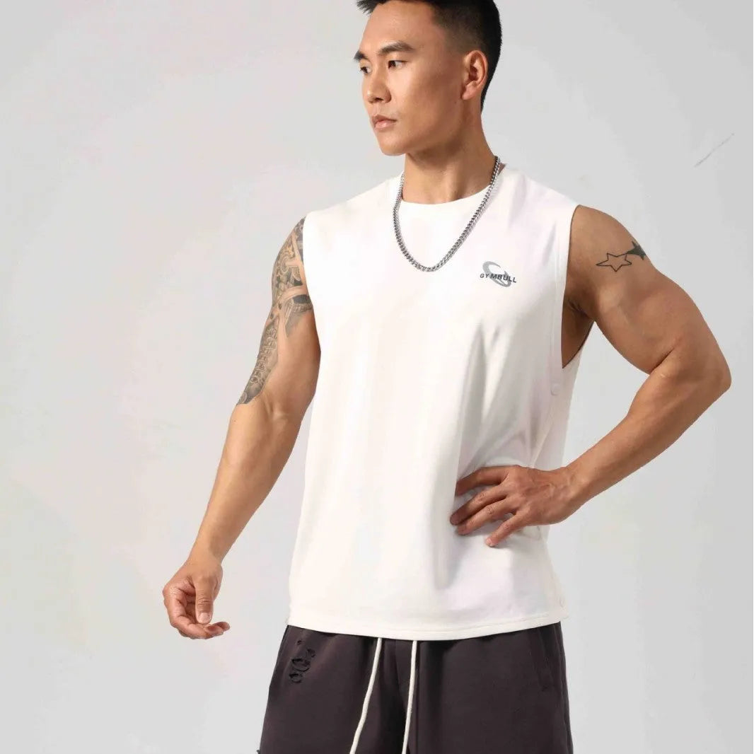 Korean style fitness vest with hidden hook side openings in cotton fabric, shown in black colour