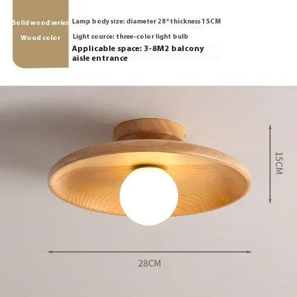 Aisle Ceiling Lamp in solid wood with glass shade, available in wood or walnut colour, diameters 18cm, 28cm, 35cm.