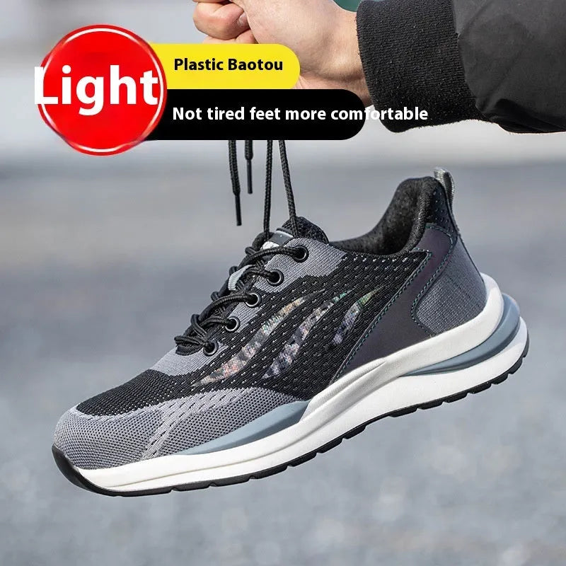 Men's black grey electrician safety shoes with plastic toe cap and lace closure
