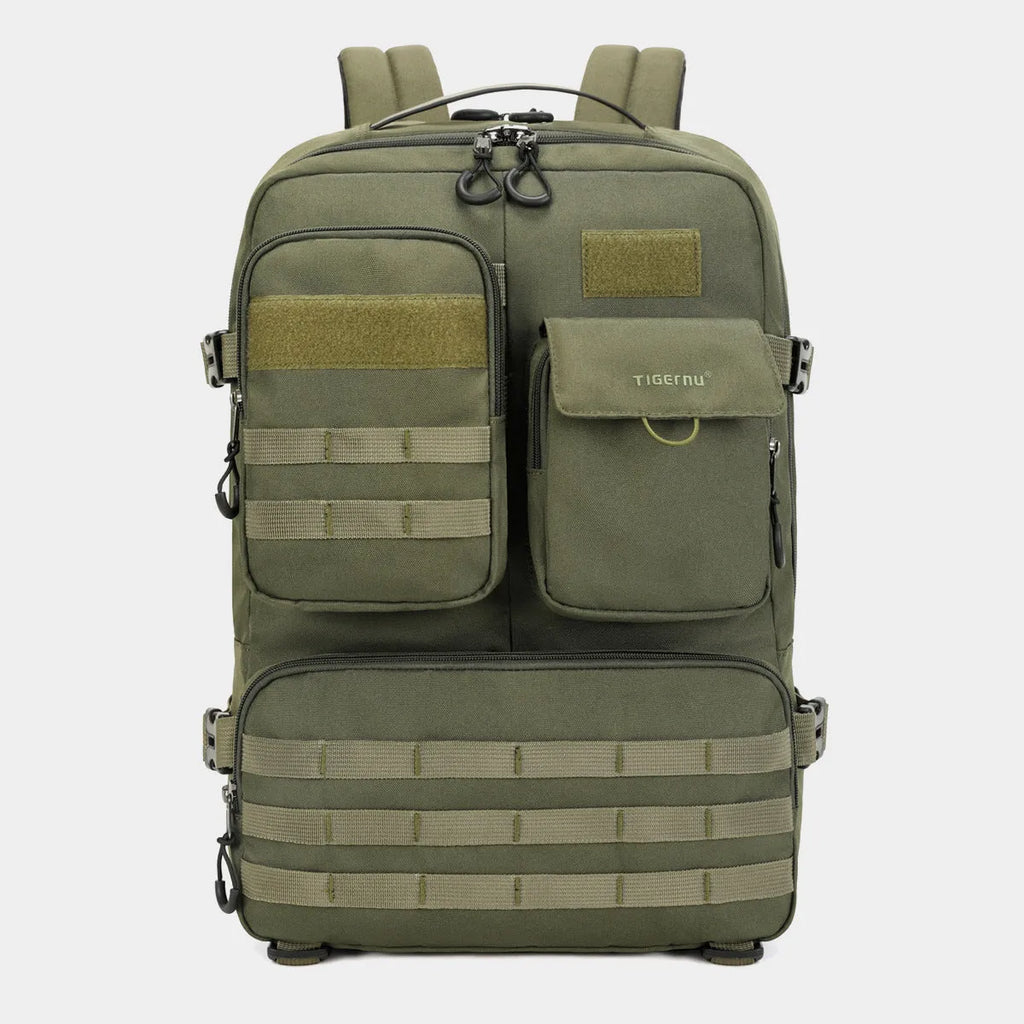 Tactical backpack in Army Green with 20-35L capacity, waterproof nylon, and 17-inch size for outdoor use.