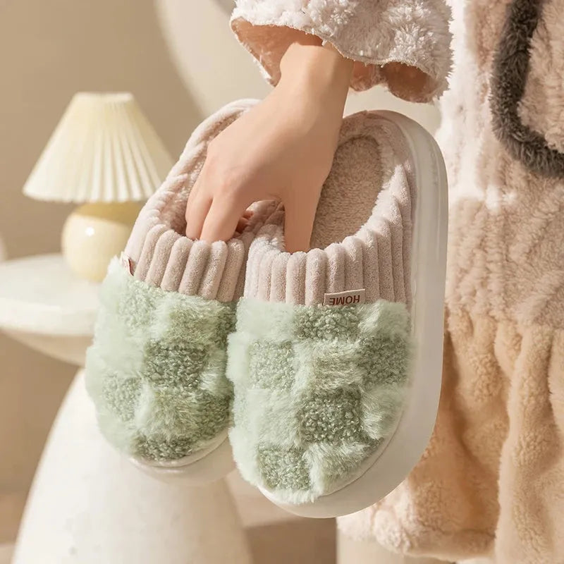 Plaid plush slippers for women with non-slip PVC sole and warm plush lining in multiple colours