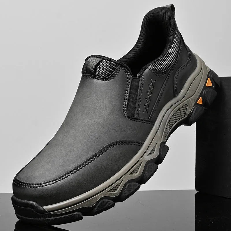 Men's dark brown casual shoes with round toe and flat rubber sole