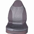 Black quilted automotive seat cover with PU and polyester fabric, showing sponge layer and plastic hooks