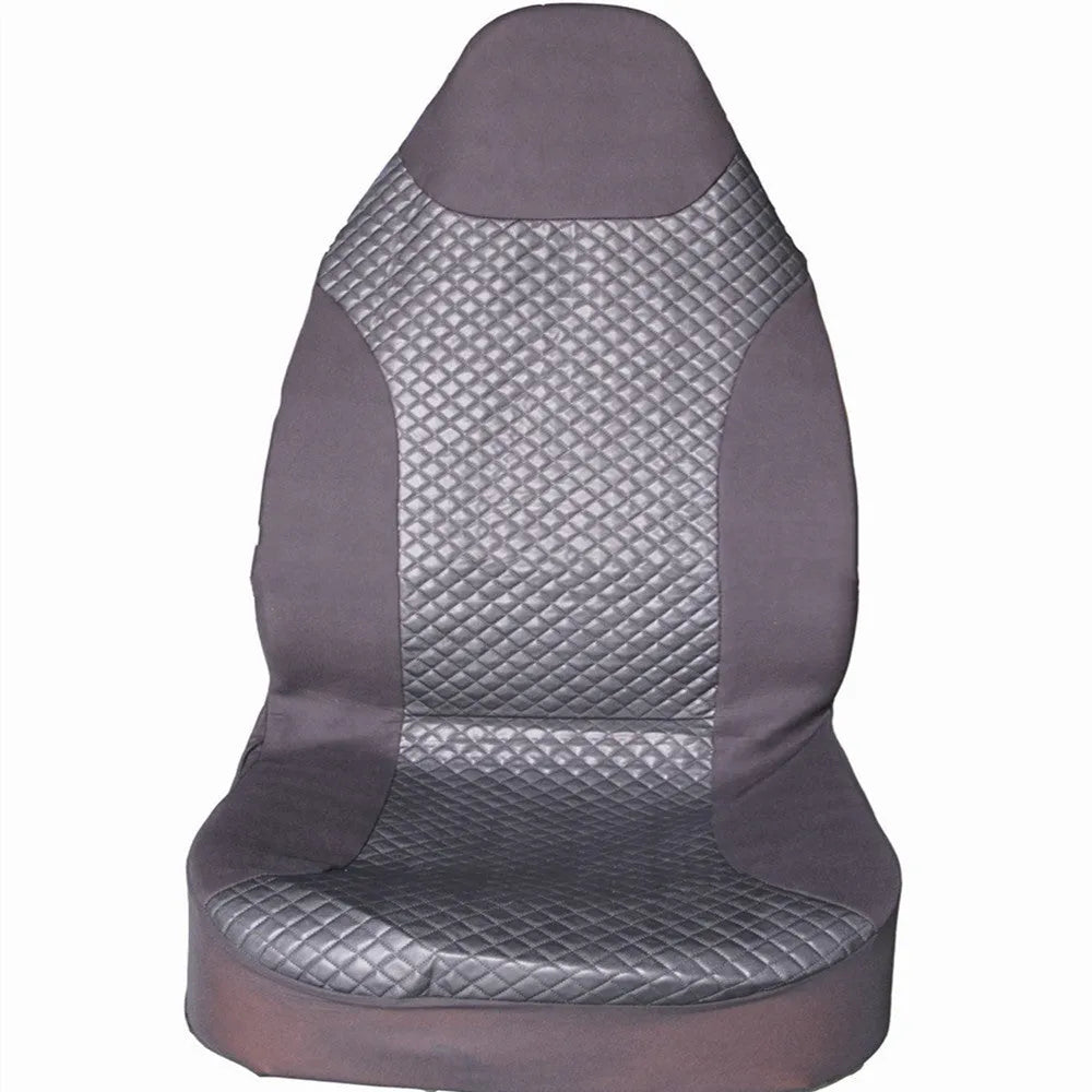 Black quilted automotive seat cover with PU and polyester fabric, showing sponge layer and plastic hooks