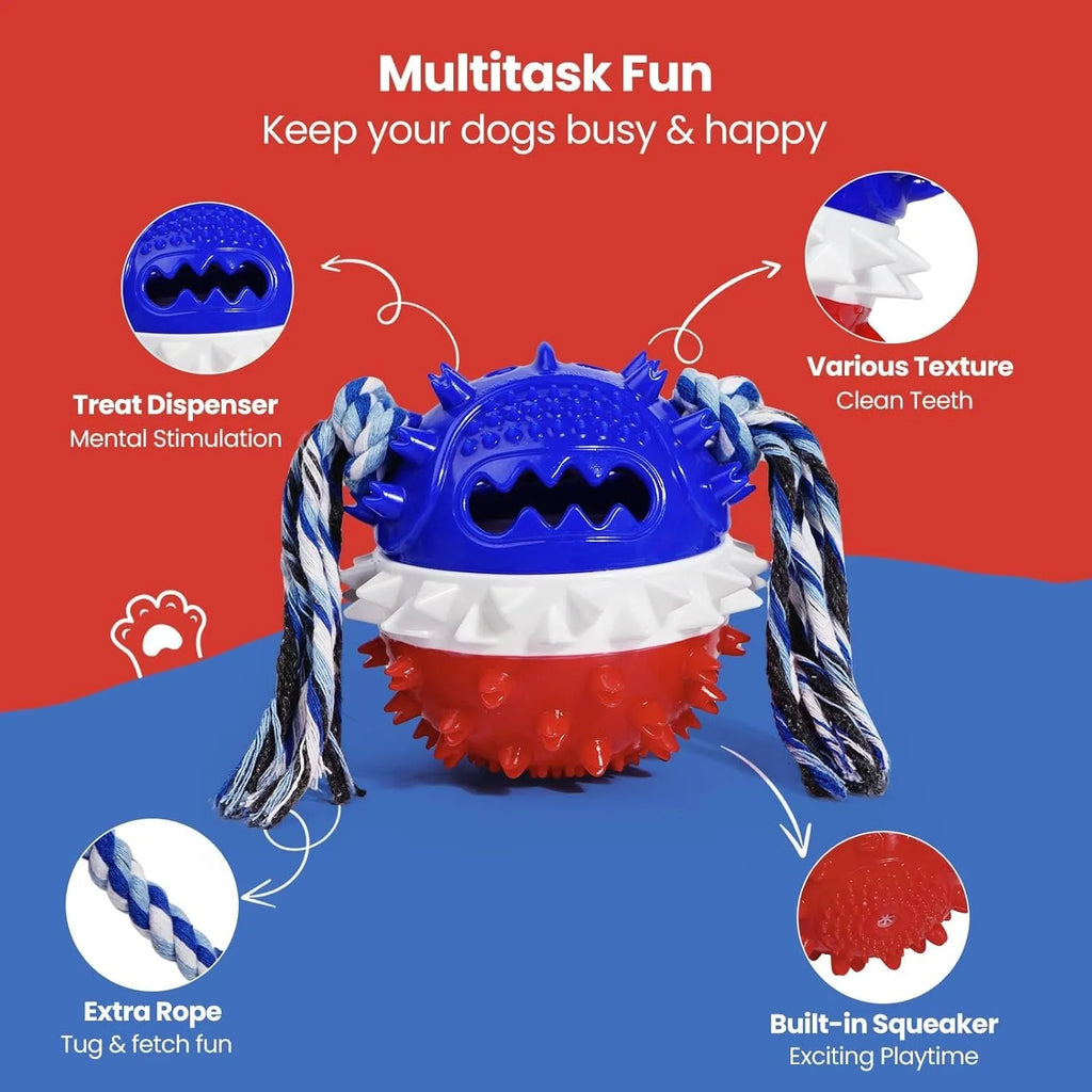 Blue and red TPR rubber dog chew toy with treat dispenser hole, 4.25-inch diameter ball with dental care bumps