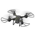 Blue remote control drone with four propeller guards, shown with its transmitter and accessories.