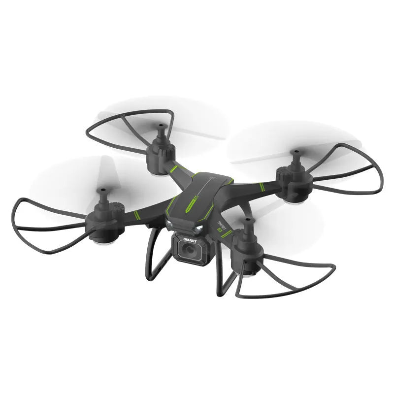 Blue remote control drone with four propeller guards, shown with its transmitter and accessories.