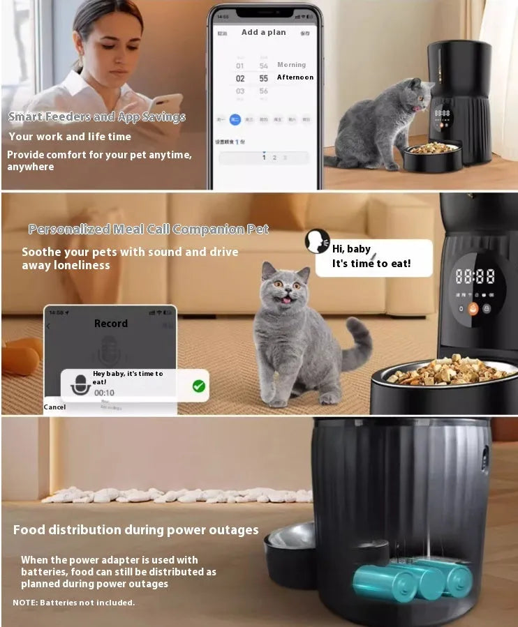 Black intelligent pet feeder with digital display showing feeding schedule, holding dry food