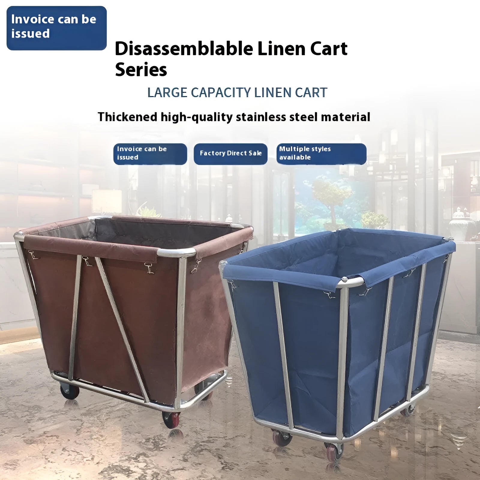 Stainless steel hotel housekeeping linen trolley with multiple tubes and a fabric bag.