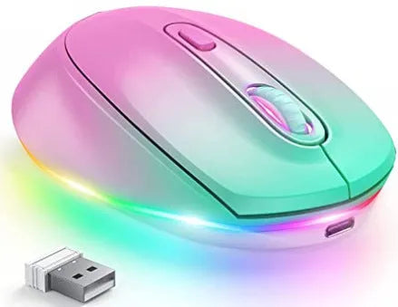 24g wireless mouse with ergonomic design showing seven colour options and USB charging cable