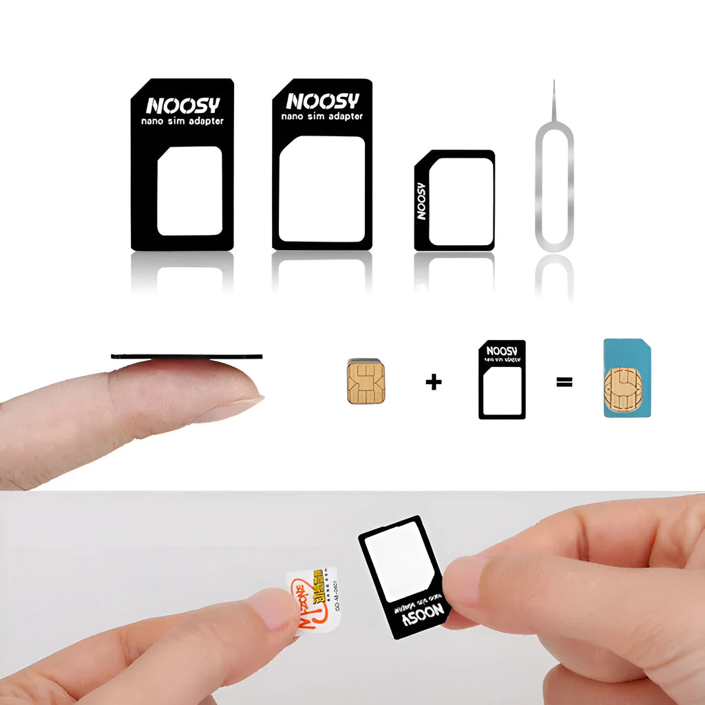 Four-in-one SIM card adapter kit with three plastic adapters and metal ejector pin on white background