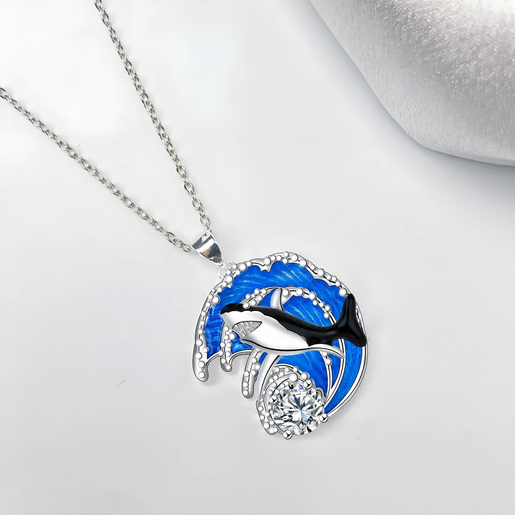 Women's shark pendant necklace with adjustable chain on copper with electroplated finish