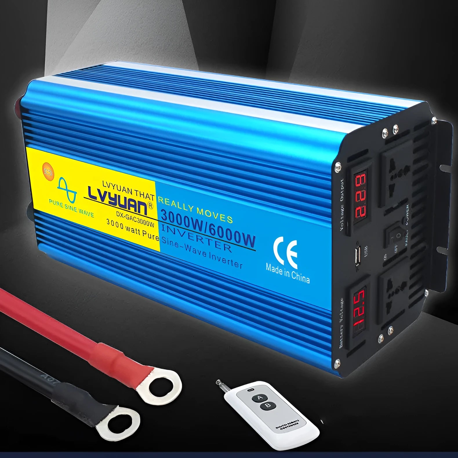 Blue 3000W car power inverter with digital display and UK socket