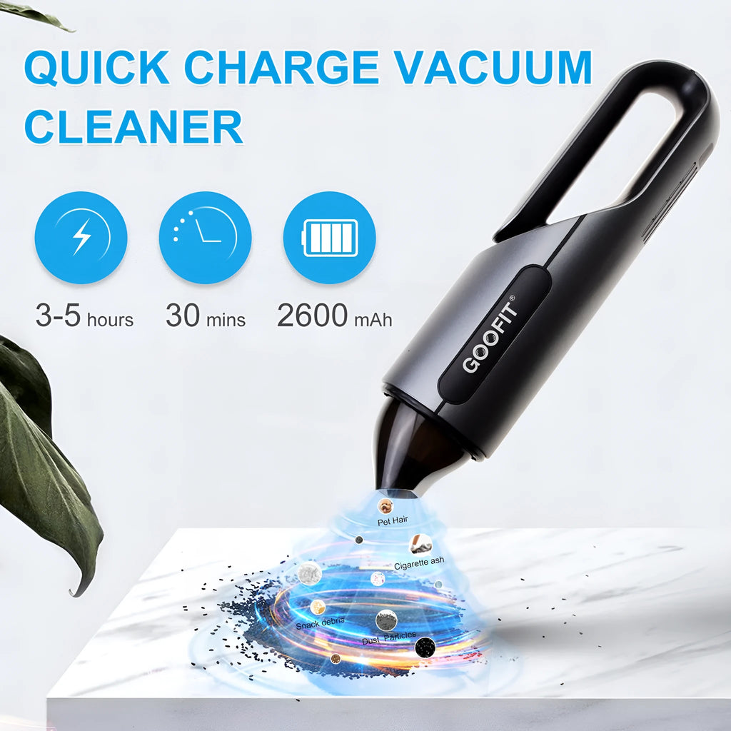 Black portable wireless handheld car vacuum cleaner with brush and flat attachments for vehicle interior cleaning