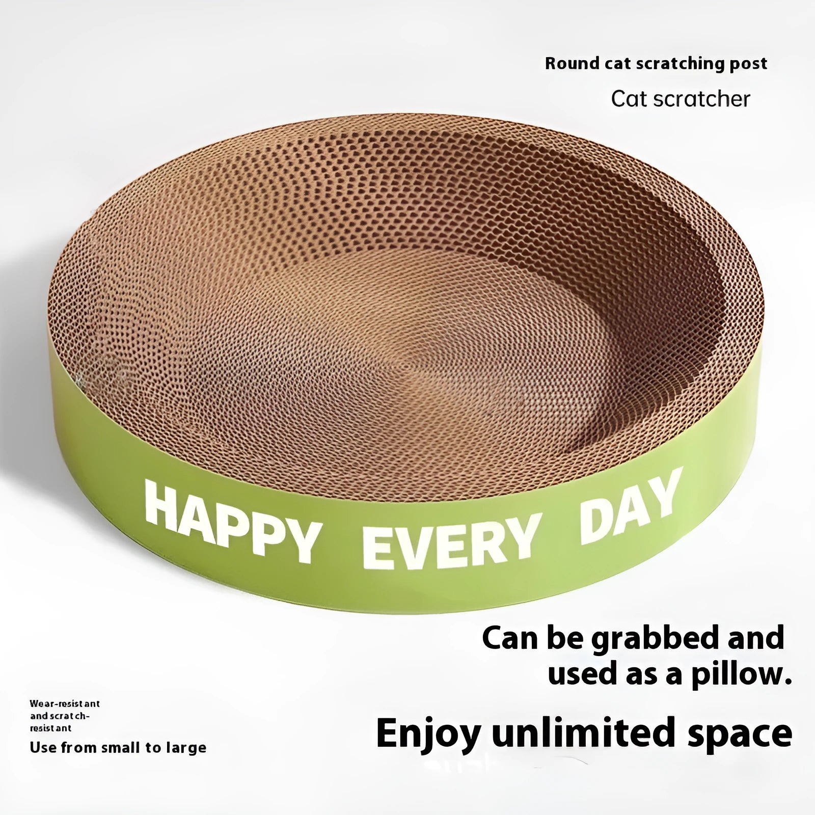 Green round scratching board cat nest showing circular design with integrated scratching surface and resting area