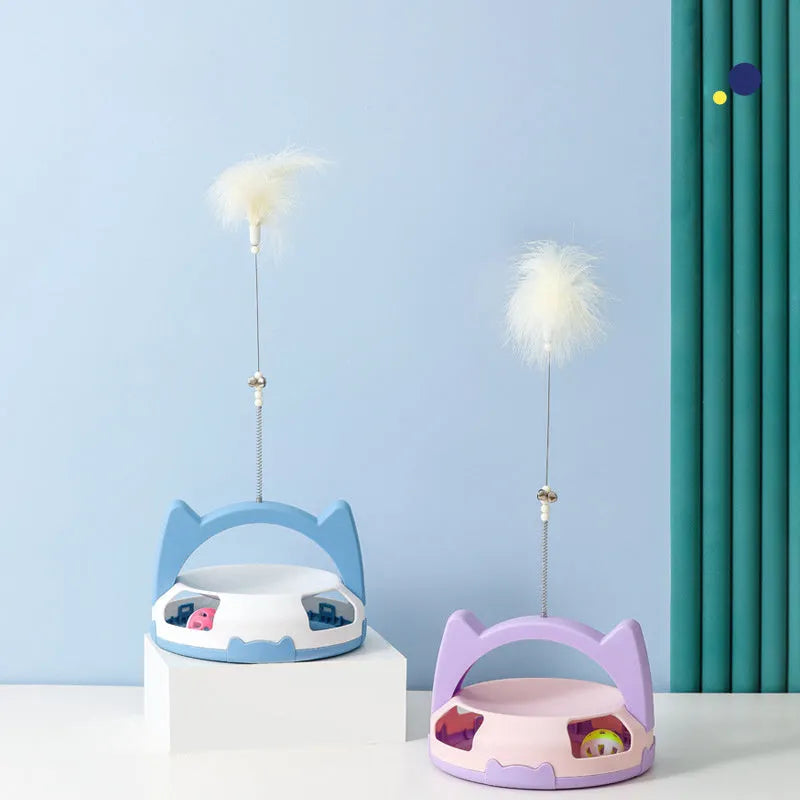 Bite-resistant cat toy with a coloured spinning ball on a flexible plastic wand.