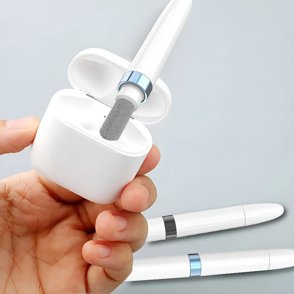 A blue headphone cleaning pen with a metal nib, brush, and sponge for cleaning electronics.