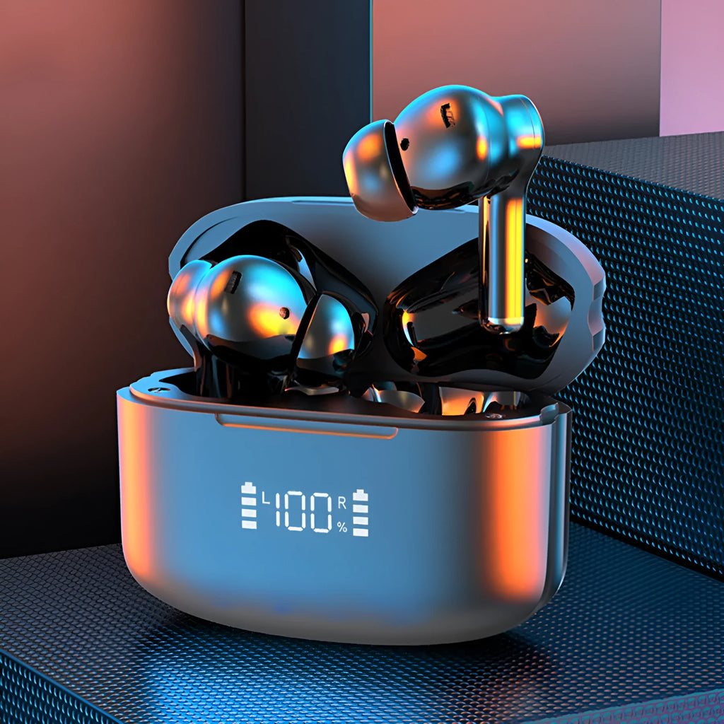 M48 Bluetooth earplug headset with digital display, dual camera, noise reduction and NFC in plastic housing