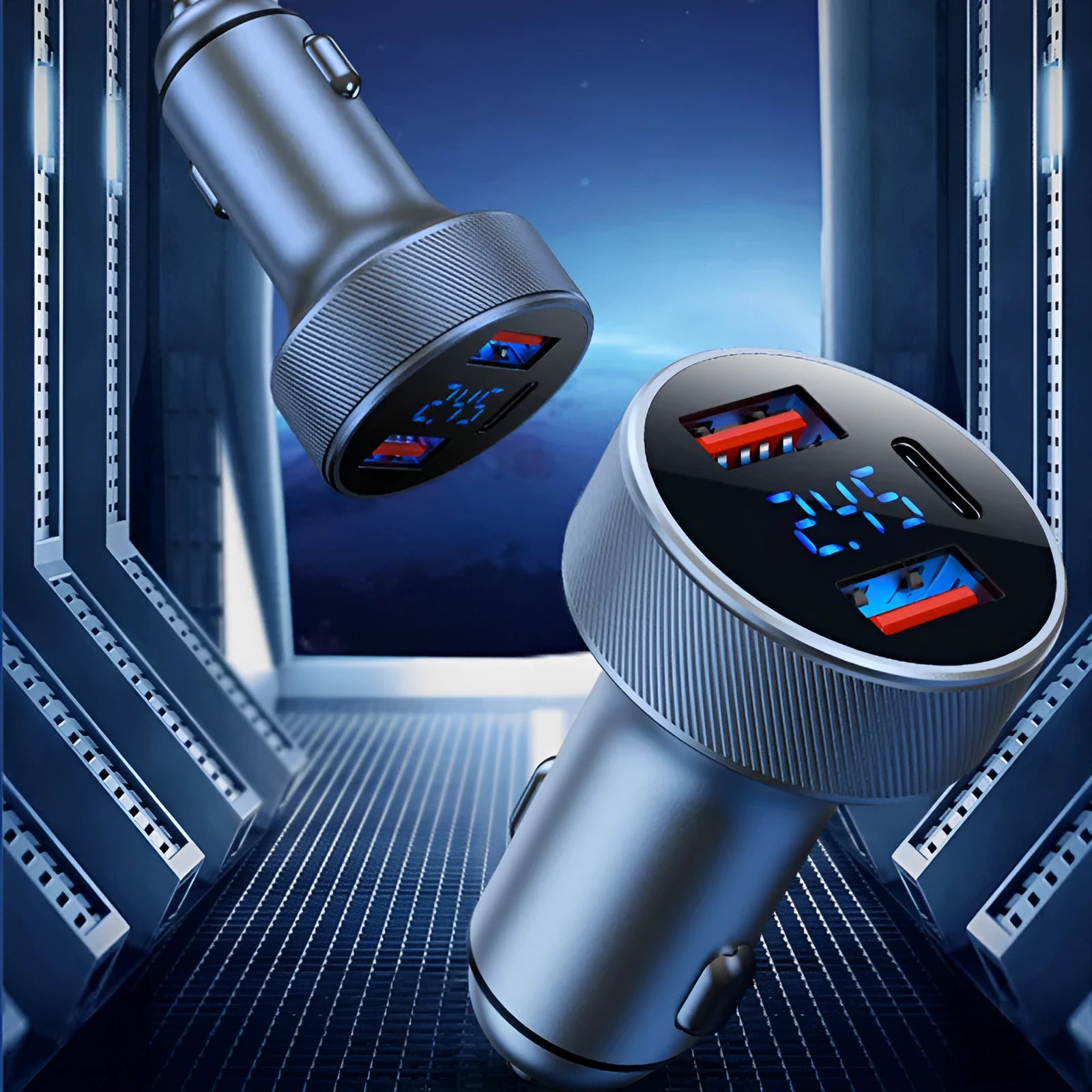 Black aluminium alloy car charger with digital display and three charging ports